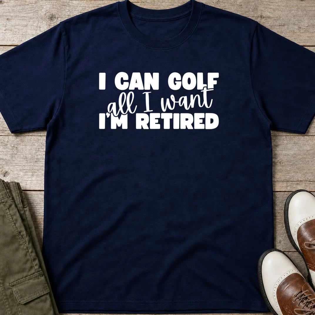 Golf All I Want T-Shirt in Navy lying on a plain floor. T-shirt is a unisex cut and 100 per cent cotton.