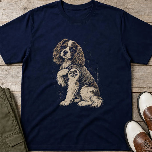 King Charles Golf T-Shirt in Navy lying on a plain floor. T-shirt is a unisex cut and 100 per cent cotton.