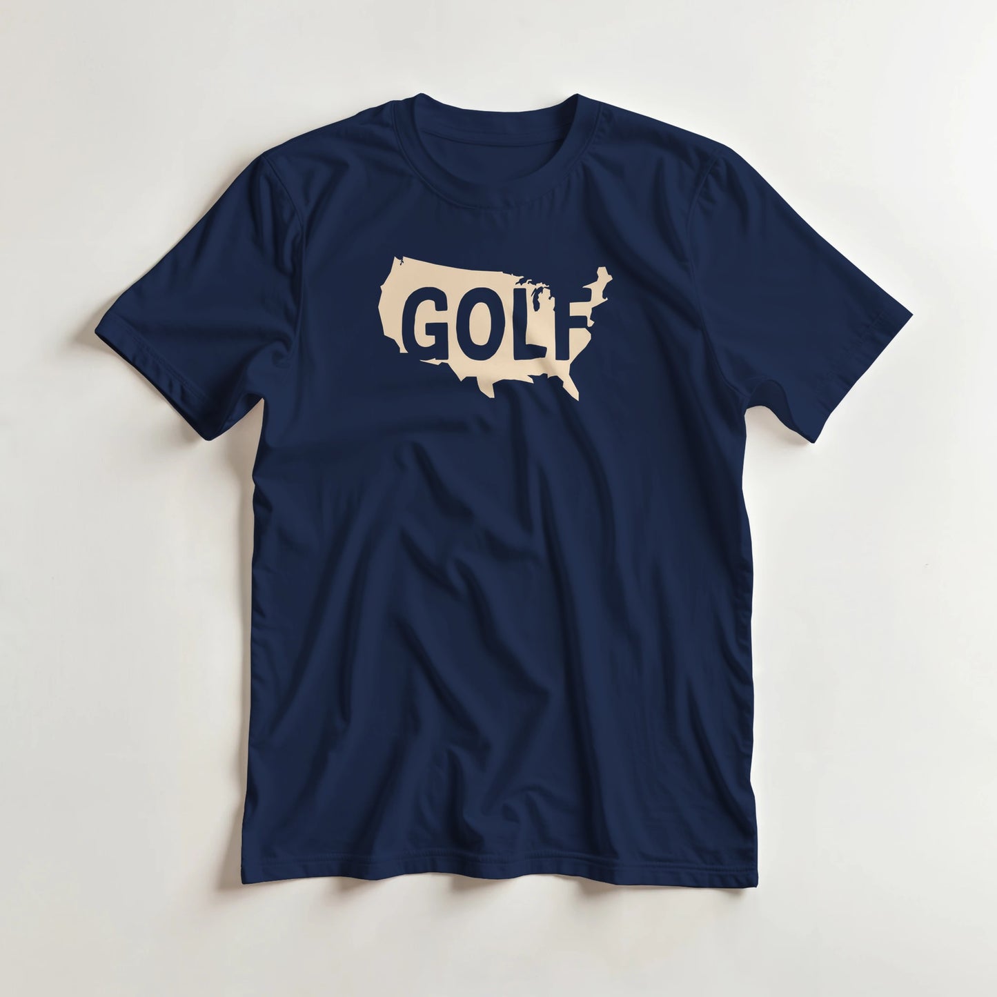 Golf USA T-Shirt in Navy XL lying on a plain floor. T-shirt is a unisex cut and 100 per cent cotton.