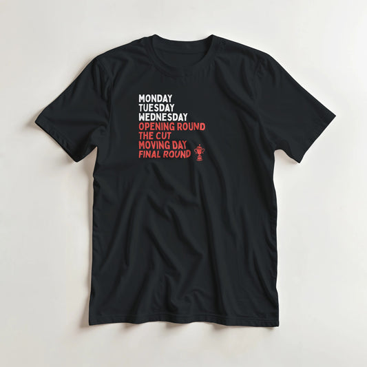 Final Round T-Shirt in Black lying on a plain floor. T-shirt is a unisex cut and 100 per cent cotton.