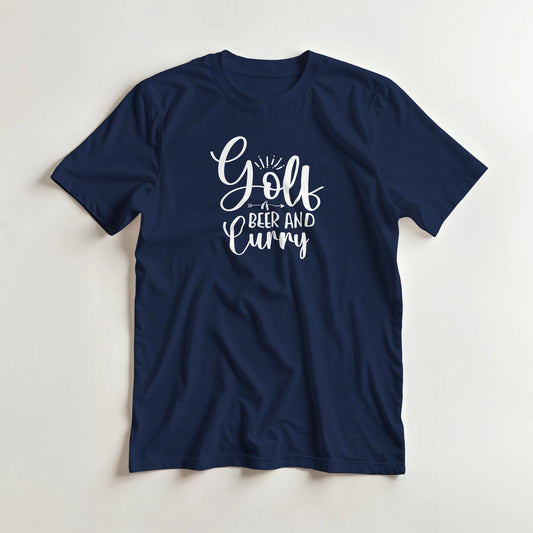 Curry T-Shirt in Navy S lying on a plain floor. T-shirt is a unisex cut and 100 per cent cotton.