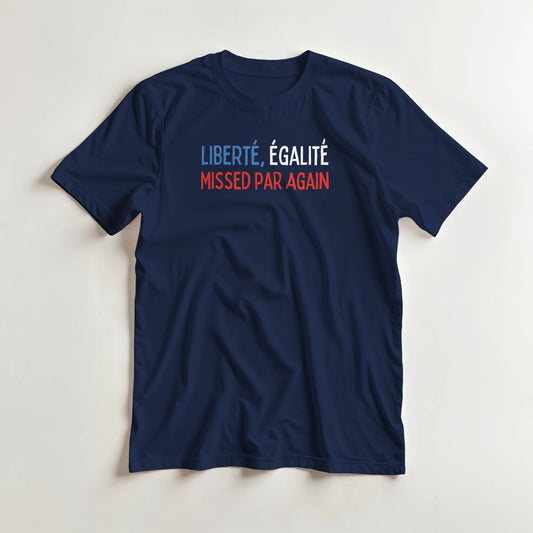 Liberté Égalité T-Shirt in Navy lying on a plain floor. T-shirt is a unisex cut and 100 per cent cotton.
