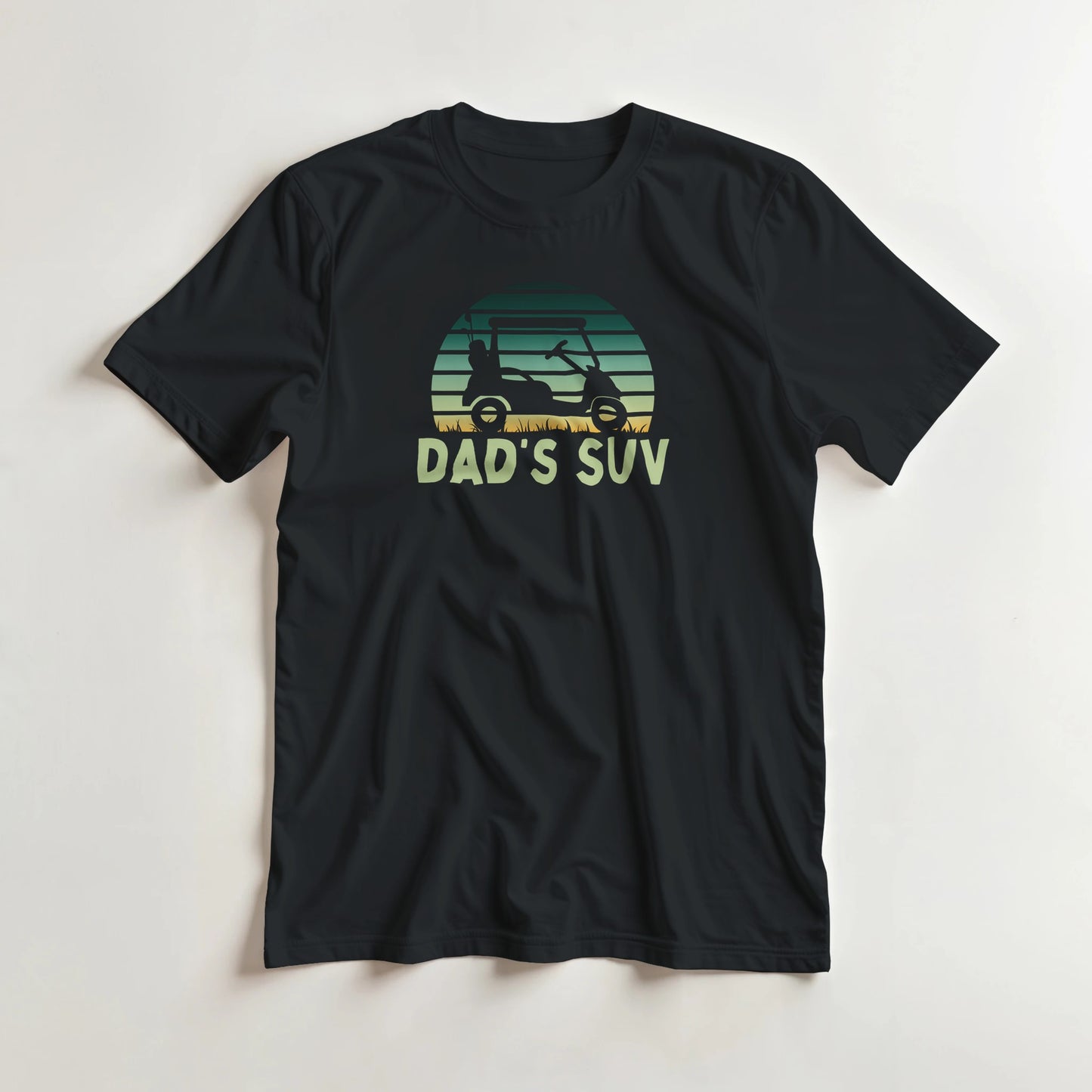 Dad's SUV T-Shirt in Black lying on a plain floor. T-shirt is a unisex cut and 100 per cent cotton.