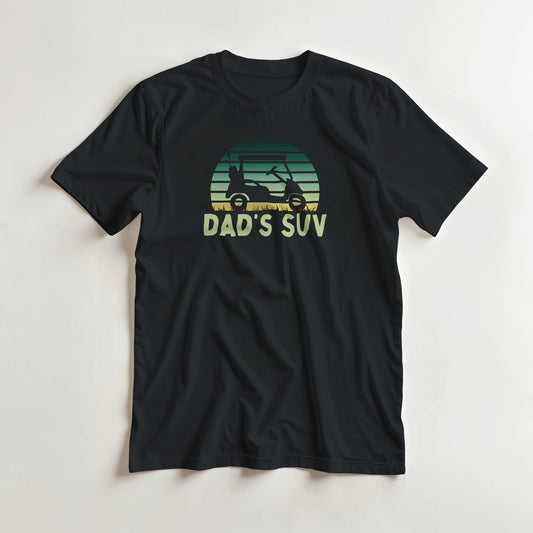Dad's SUV T-Shirt in Black lying on a plain floor. T-shirt is a unisex cut and 100 per cent cotton.
