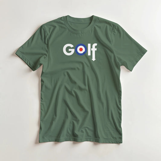 Golf Mod T-Shirt in Military Green lying on a plain floor. T-shirt is a unisex cut and 100 per cent cotton.