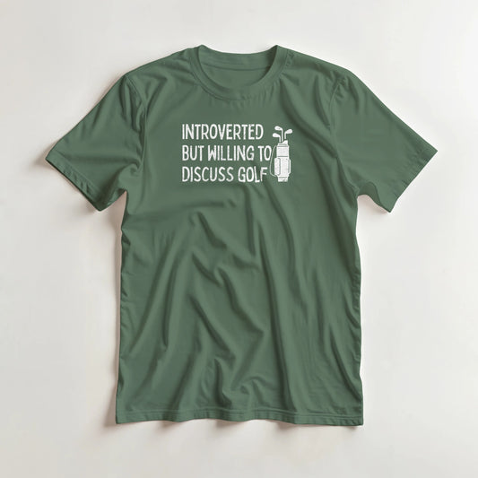 Introverted T-Shirt in Military Green lying on a plain floor. T-shirt is a unisex cut and 100 per cent cotton.