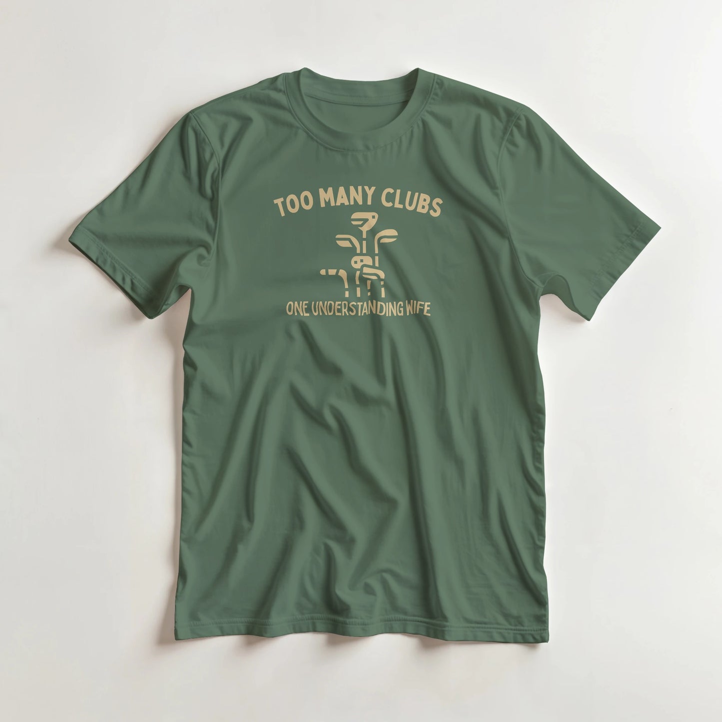 Understanding Wife T-Shirt in Military Green L lying on a plain floor. T-shirt is a unisex cut and 100 per cent cotton.