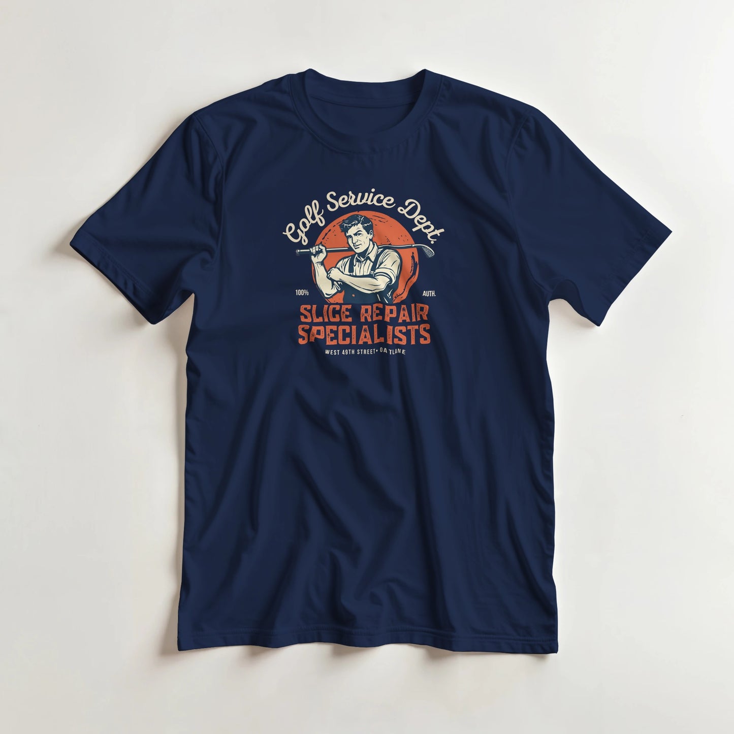 Slice Repair T-Shirt in Navy M lying on a plain floor. T-shirt is a unisex cut and 100 per cent cotton.