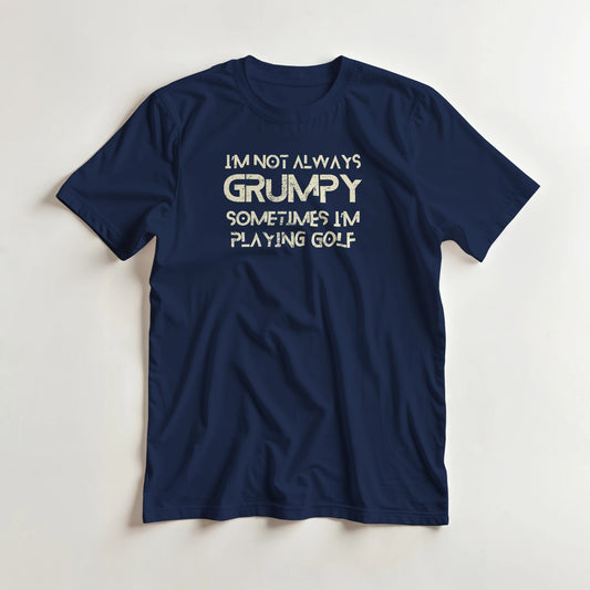 Grumpy Golf T-Shirt in Navy lying on a plain floor. T-shirt is a unisex cut and 100 per cent cotton.