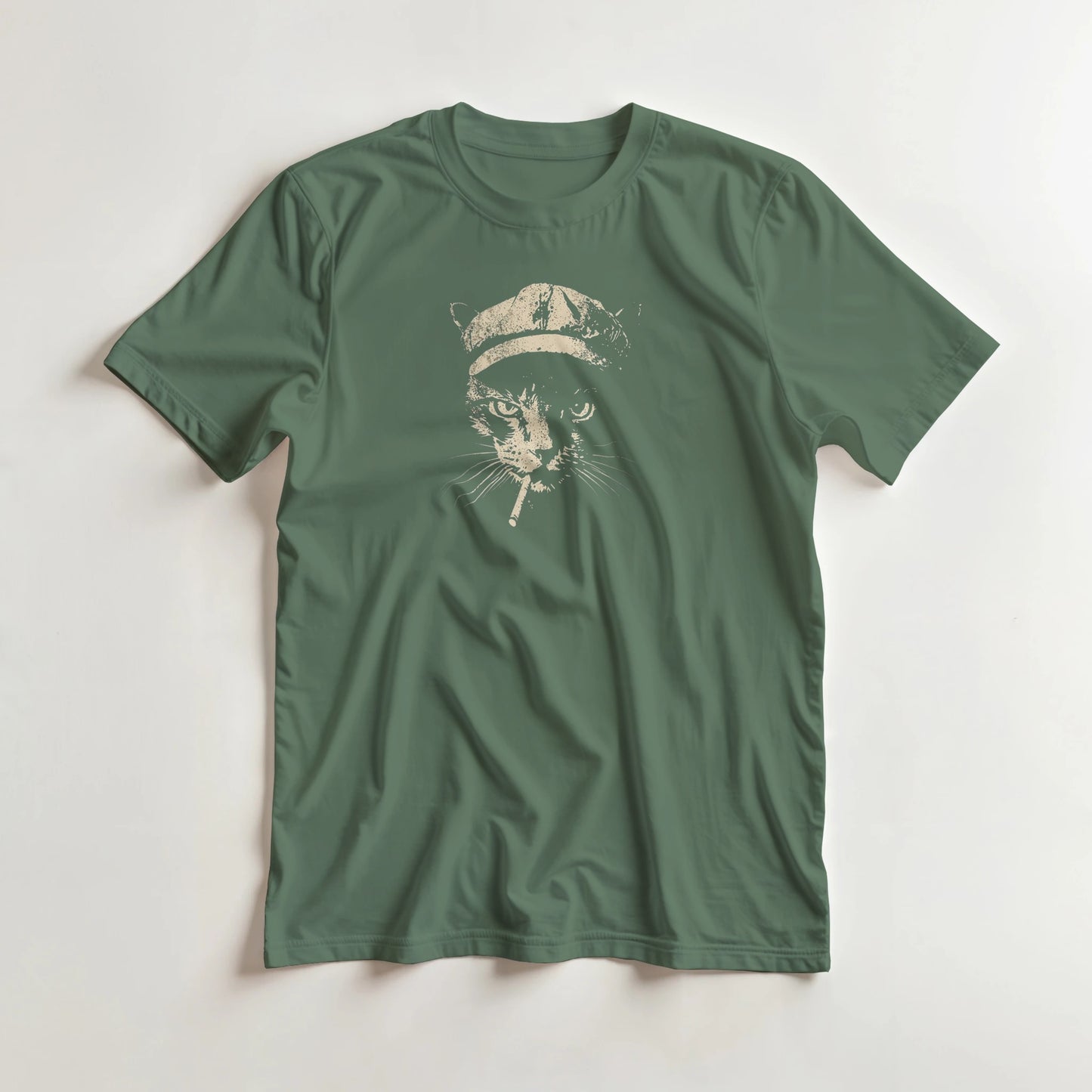 Vintage Cat T-Shirt in Military Green lying on a plain floor. T-shirt is a unisex cut and 100 per cent cotton.