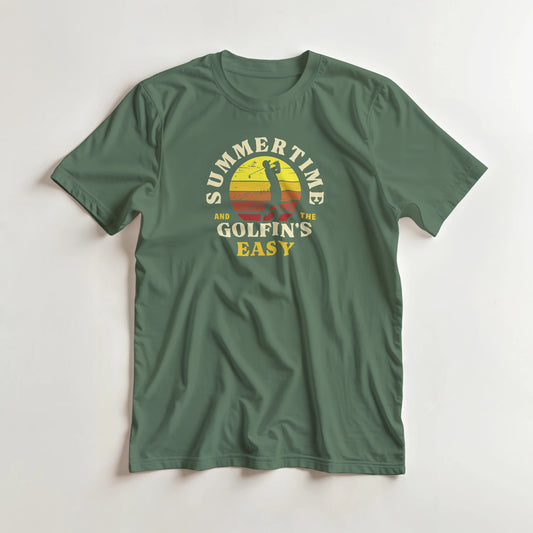 Summertime T-Shirt in Military Green lying on a plain floor. T-shirt is a unisex cut and 100 per cent cotton.