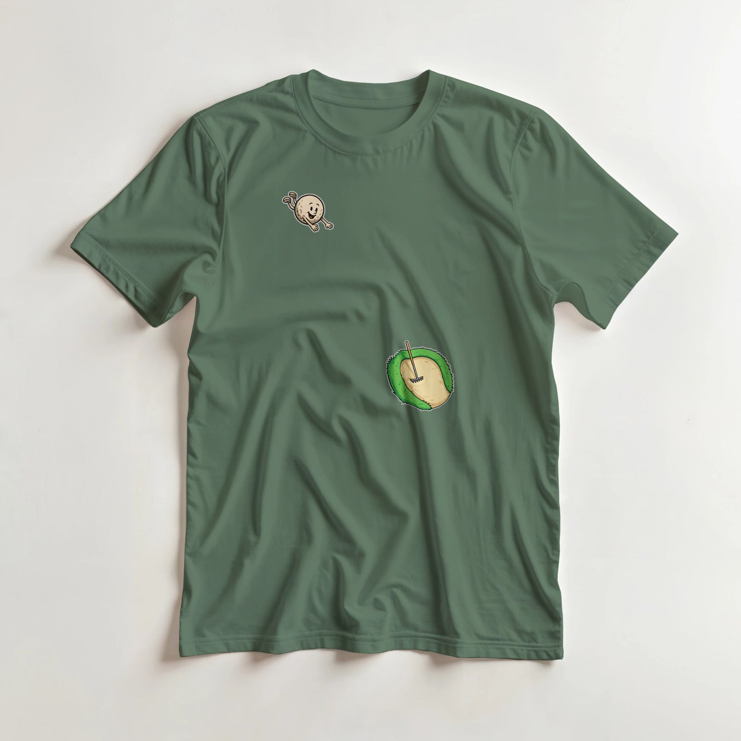 Flying Sand Trap T-Shirt in Military Green lying on a plain floor. T-shirt is a unisex cut and 100 per cent cotton.