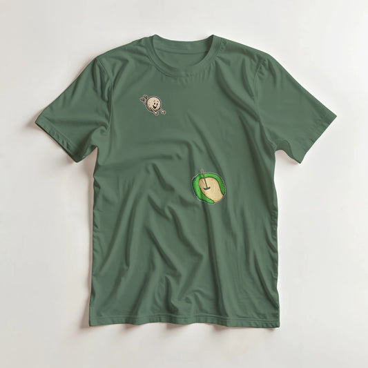 Flying Sand Trap T-Shirt in Military Green lying on a plain floor. T-shirt is a unisex cut and 100 per cent cotton.