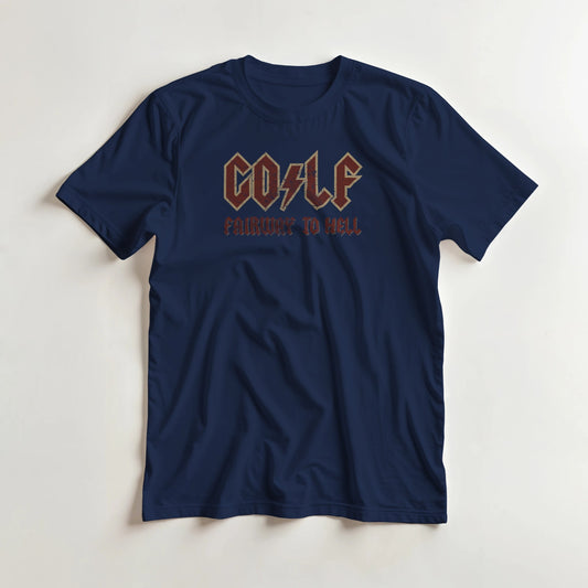 Fairway To Hell T-Shirt in Navy lying on a plain floor. T-shirt is a unisex cut and 100 per cent cotton.