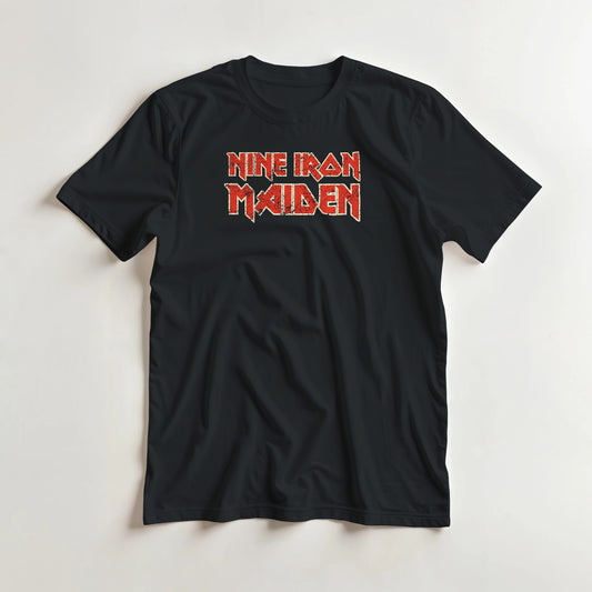 Nine Iron Maiden T-Shirt in Black S lying on a plain floor. T-shirt is a unisex cut and 100 per cent cotton.
