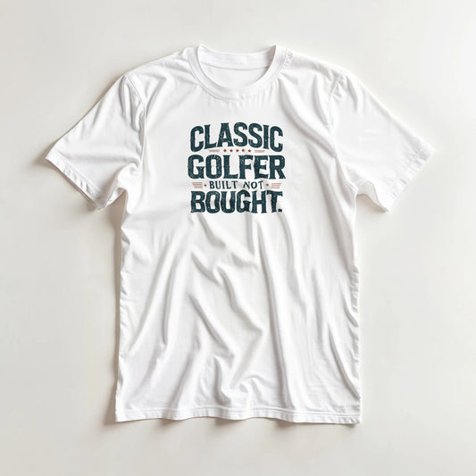 Classic Golfer W T-Shirt in S lying on a plain floor. T-shirt is a unisex cut and 100 per cent cotton.