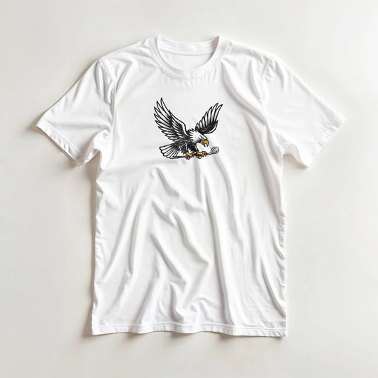 Eagle Flight T-Shirt in White lying on a plain floor. T-shirt is a unisex cut and 100 per cent cotton.
