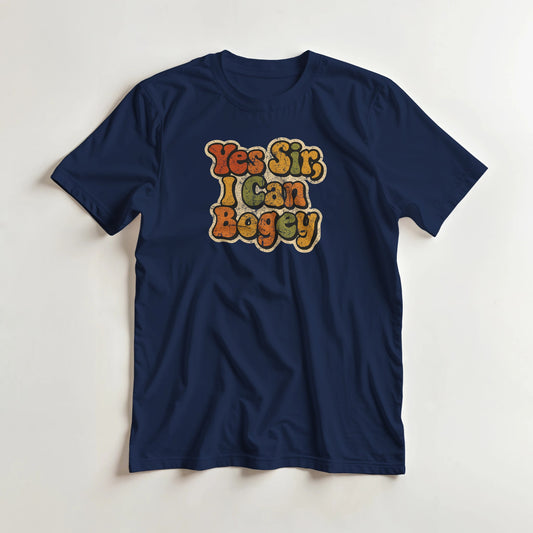 I Can Bogey T-Shirt in Navy S lying on a plain floor. T-shirt is a unisex cut and 100 per cent cotton.