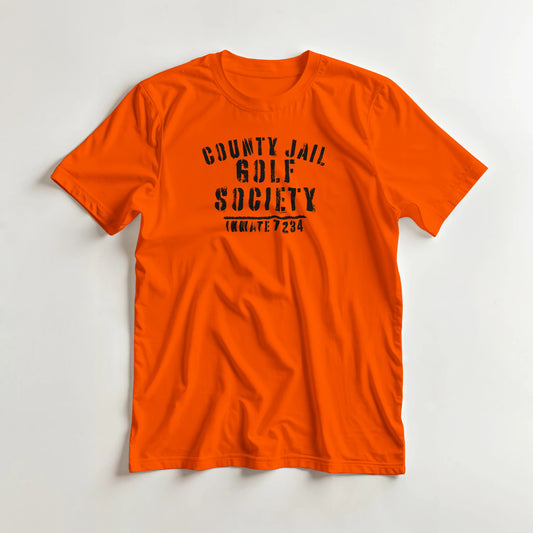 County Jail T-Shirt in S lying on a plain floor. T-shirt is a unisex cut and 100 per cent cotton.
