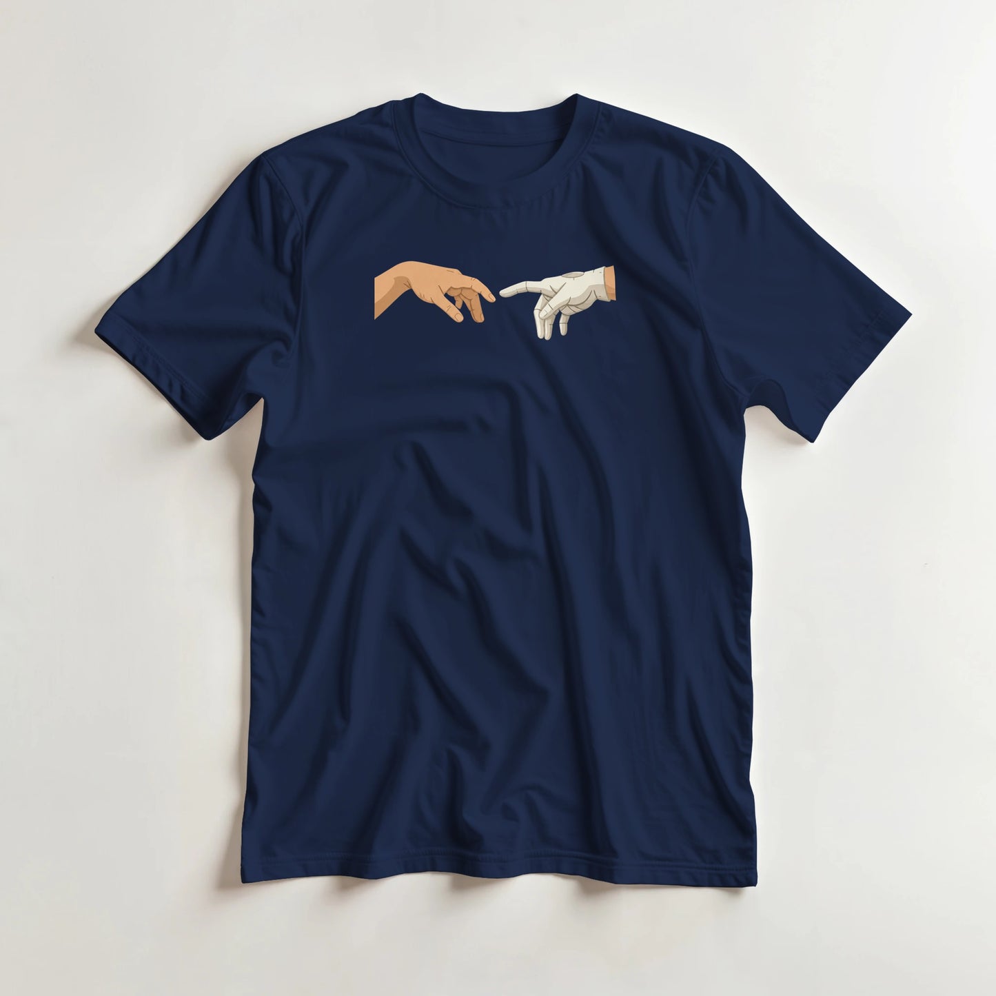 The Glove of God T-Shirt in Navy lying on a plain floor. T-shirt is a unisex cut and 100 per cent cotton.