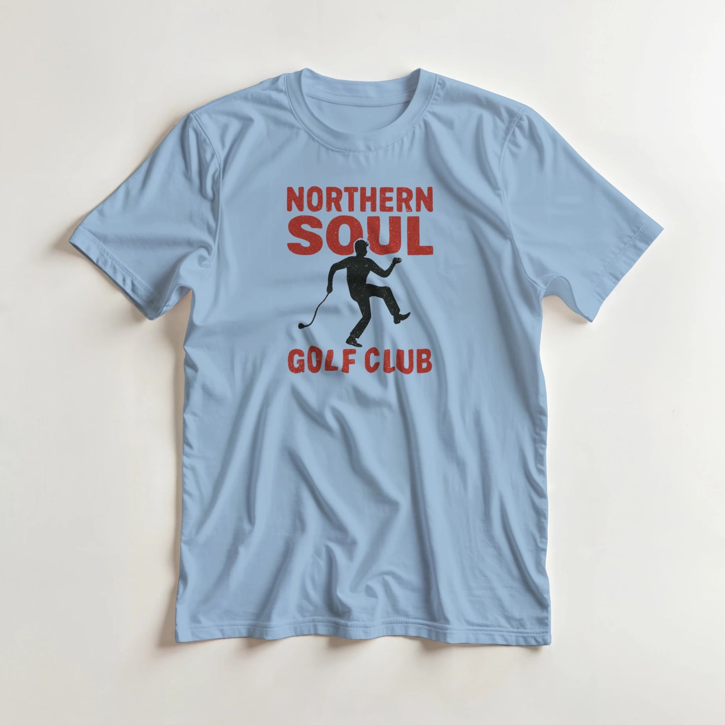 Northern Soul GC T-Shirt in Light Blue lying on a plain floor. T-shirt is a unisex cut and 100 per cent cotton.