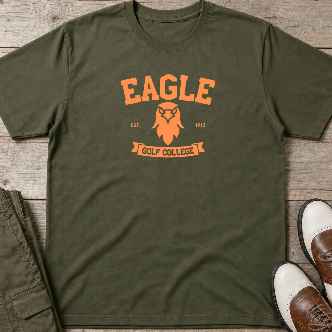 Eagle College T-Shirt in Military Green lying on a plain floor. T-shirt is a unisex cut and 100 per cent cotton.