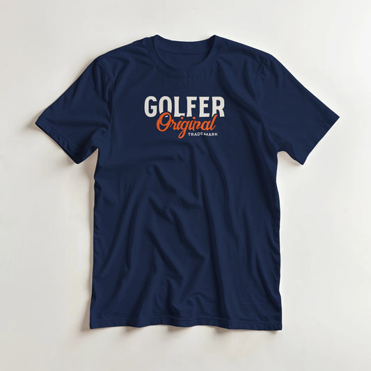 Golfer Original T-Shirt in Navy lying on a plain floor. T-shirt is a unisex cut and 100 per cent cotton.