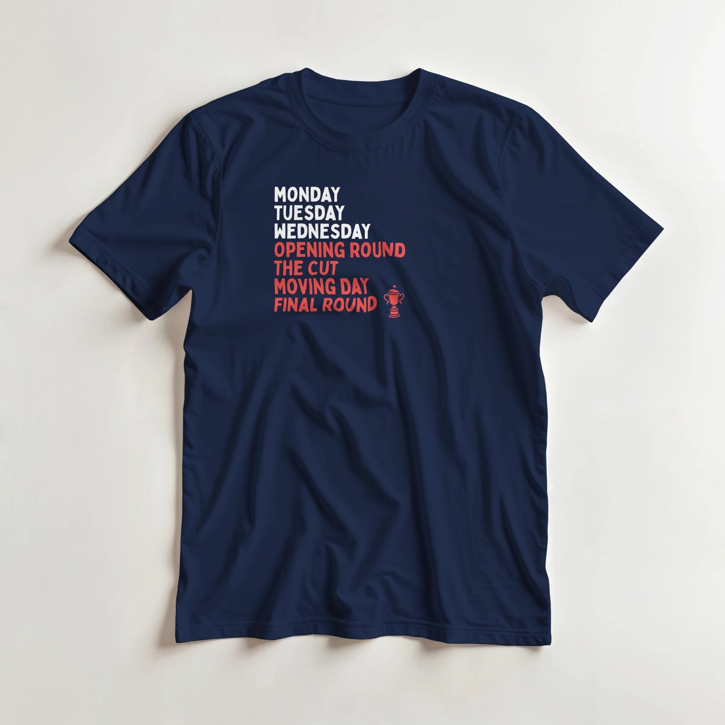 Final Round T-Shirt in Navy lying on a plain floor. T-shirt is a unisex cut and 100 per cent cotton.