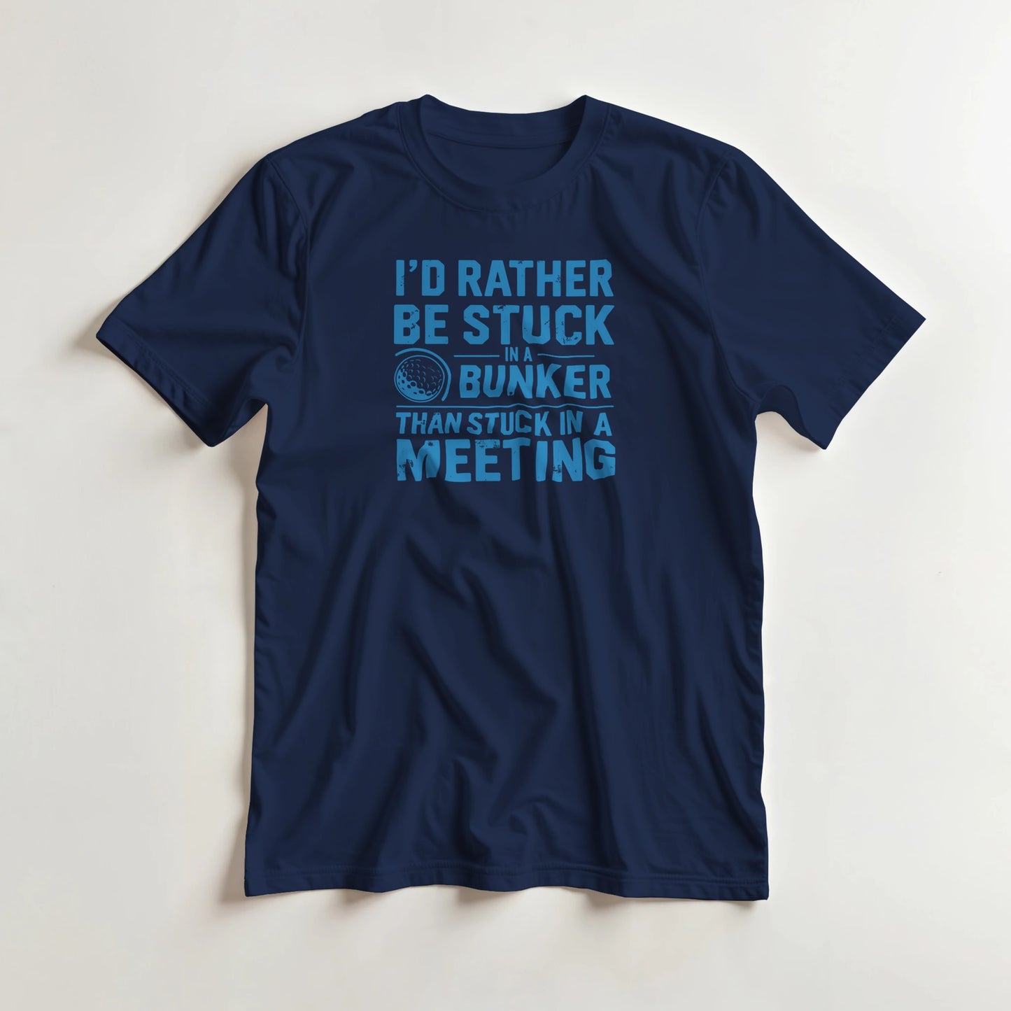 Stuck In Bunker T-Shirt in Navy 2XL lying on a plain floor. T-shirt is a unisex cut and 100 per cent cotton.