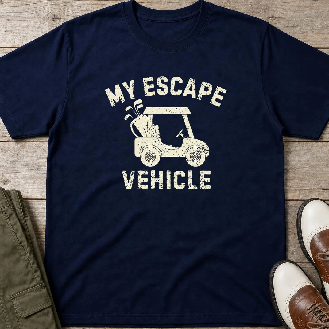 Escape Vehicle T-Shirt in Navy lying on a plain floor. T-shirt is a unisex cut and 100 per cent cotton.