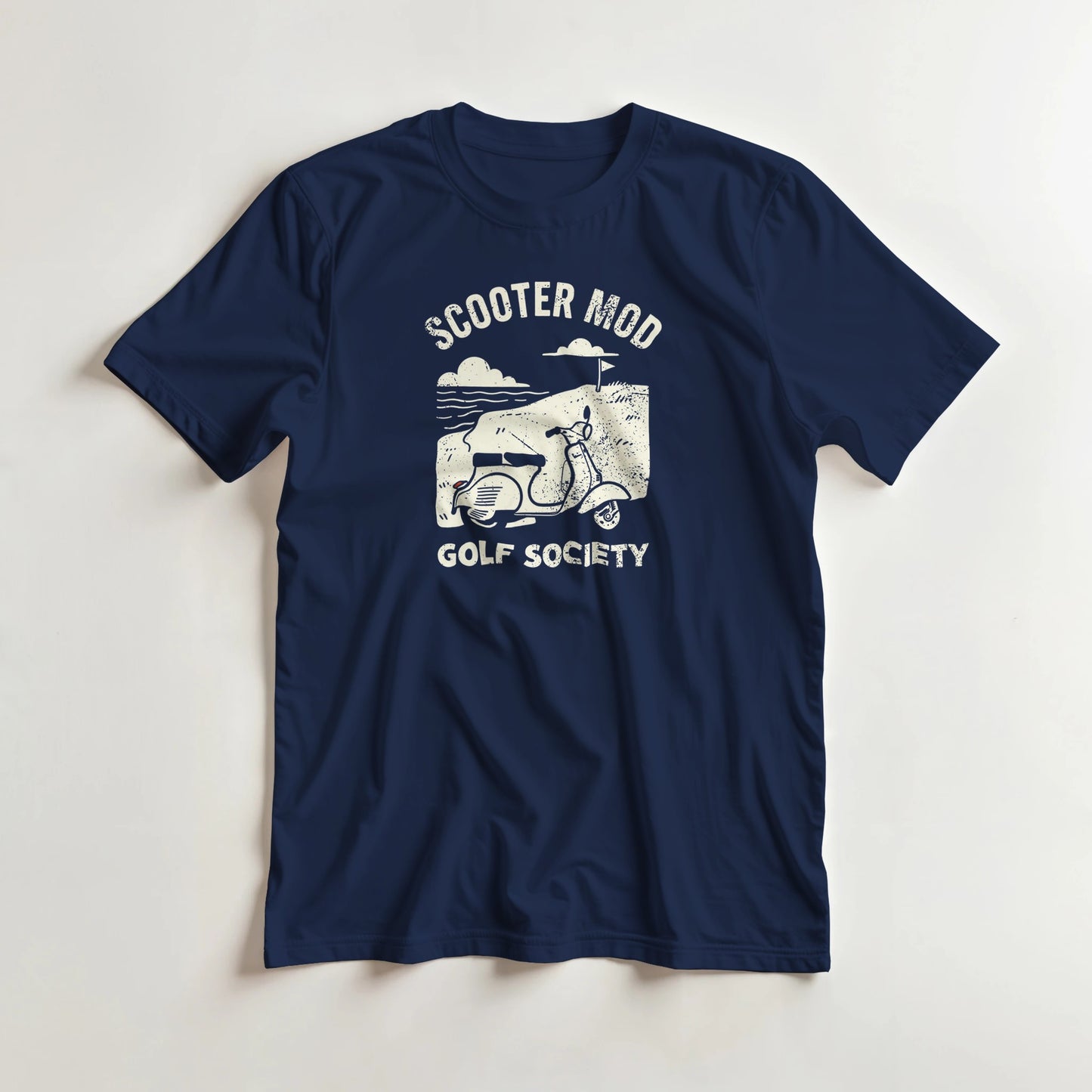 Scooter Mod T-Shirt in Navy lying on a plain floor. T-shirt is a unisex cut and 100 per cent cotton.