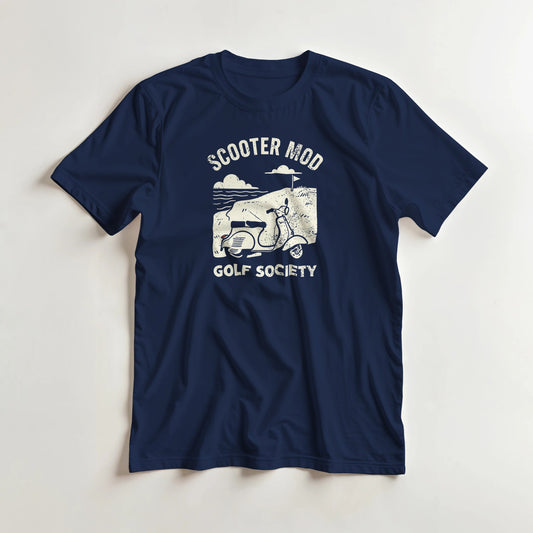 Scooter Mod T-Shirt in Navy lying on a plain floor. T-shirt is a unisex cut and 100 per cent cotton.