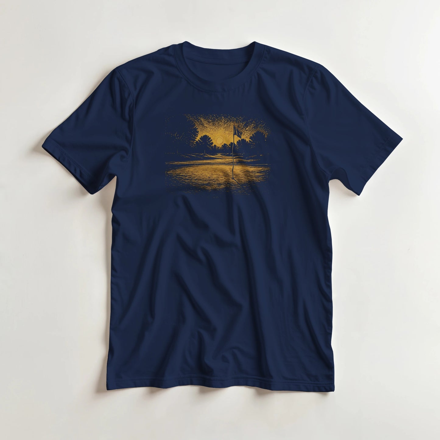 The Flag T-Shirt in Navy lying on a plain floor. T-shirt is a unisex cut and 100 per cent cotton.