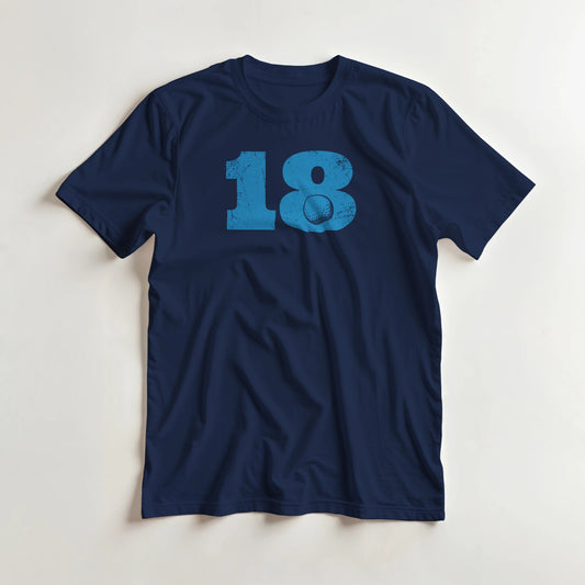 18 Golf T-Shirt in Navy S lying on a plain floor. T-shirt is a unisex cut and 100 per cent cotton.