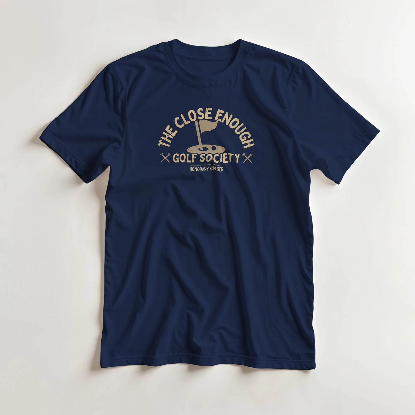 Close Enough T-Shirt in Navy XL lying on a plain floor. T-shirt is a unisex cut and 100 per cent cotton.