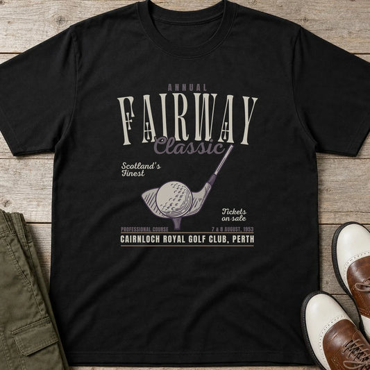Fairway Classic T-Shirt in lying on a plain floor. T-shirt is a unisex cut and 100 per cent cotton.