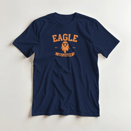 Eagle College T-Shirt in Navy S lying on a plain floor. T-shirt is a unisex cut and 100 per cent cotton.