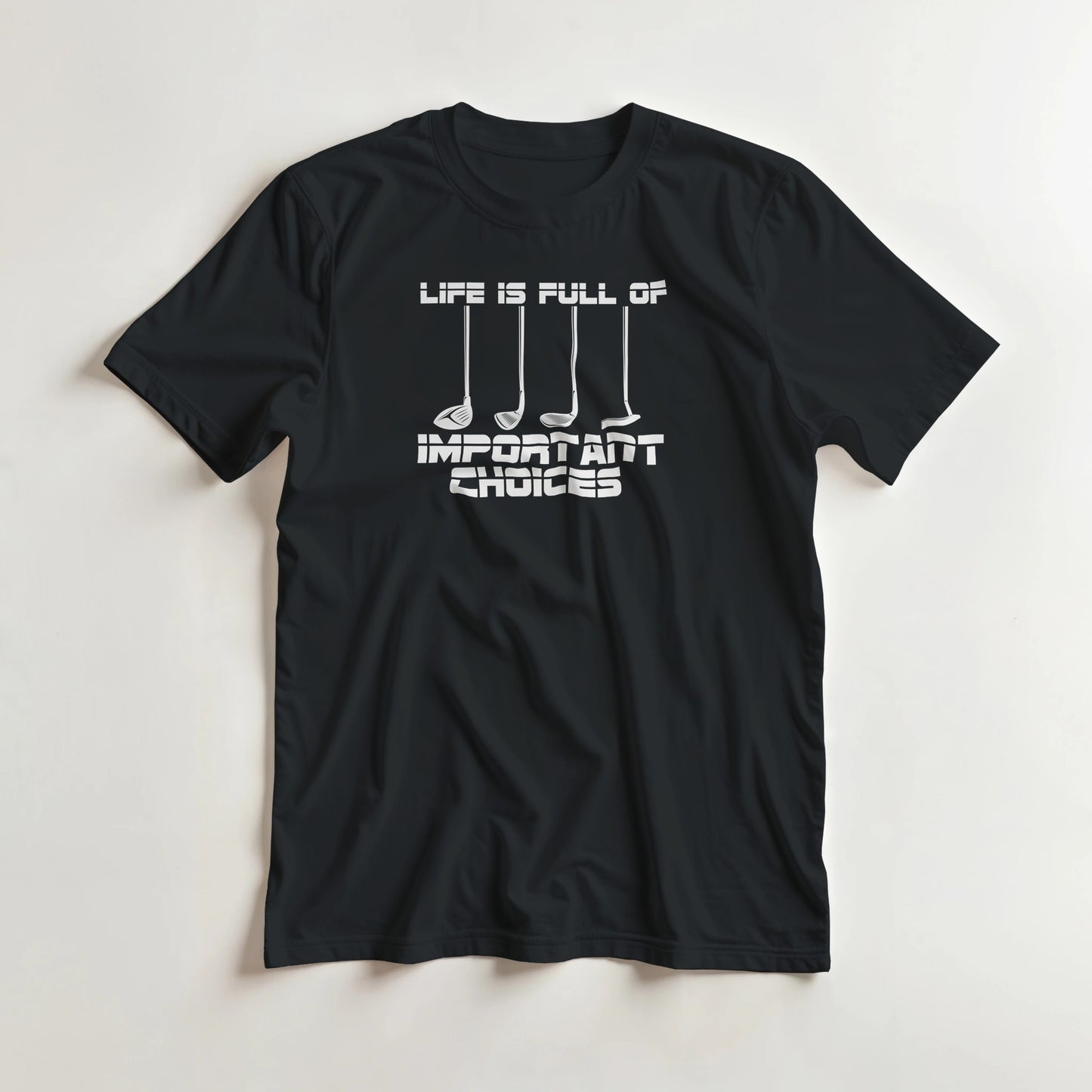 Important Choices T-Shirt in Black lying on a plain floor. T-shirt is a unisex cut and 100 per cent cotton.