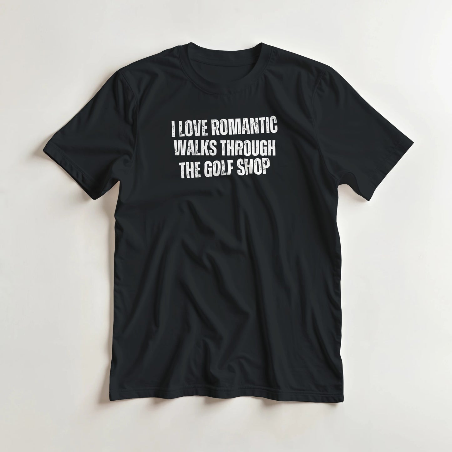 Romantic Walks T-Shirt in Black 3XL lying on a plain floor. T-shirt is a unisex cut and 100 per cent cotton.