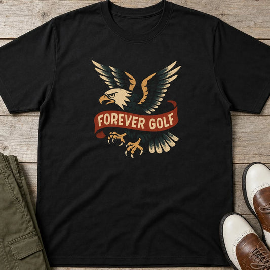 Forever Golf T-Shirt in lying on a plain floor. T-shirt is a unisex cut and 100 per cent cotton.