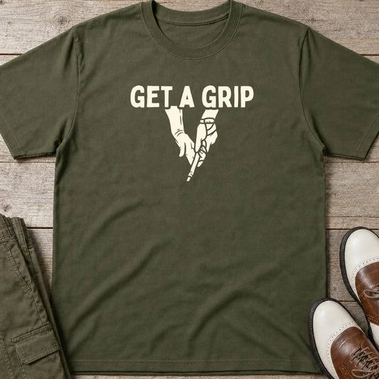 Get A Grip T-Shirt in Military Green lying on a plain floor. T-shirt is a unisex cut and 100 per cent cotton.