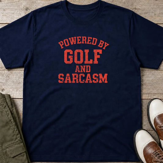 Powered By T-Shirt in Navy lying on a plain floor. T-shirt is a unisex cut and 100 per cent cotton.