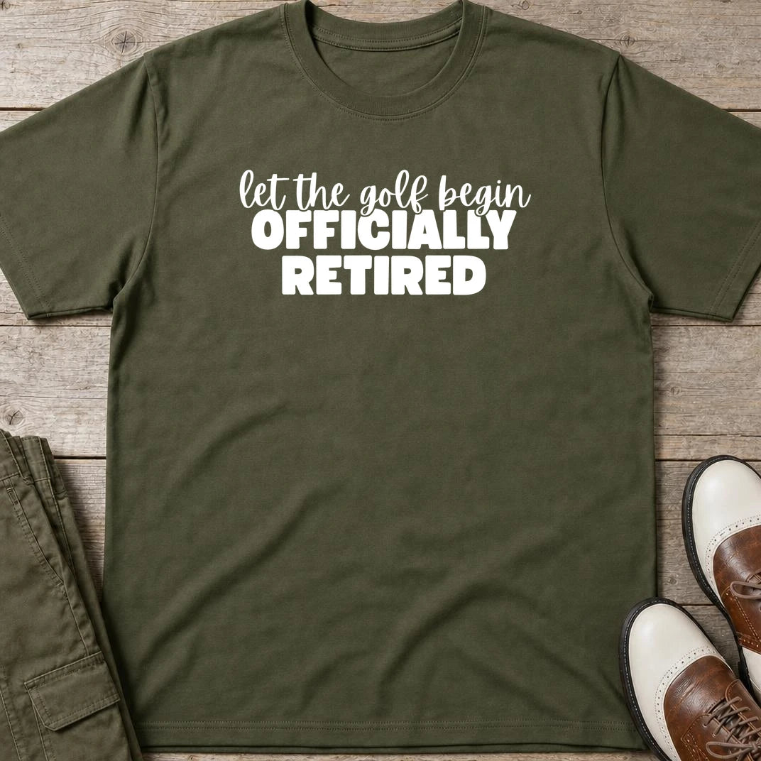 Golf Begin T-Shirt in Military Green lying on a plain floor. T-shirt is a unisex cut and 100 per cent cotton.