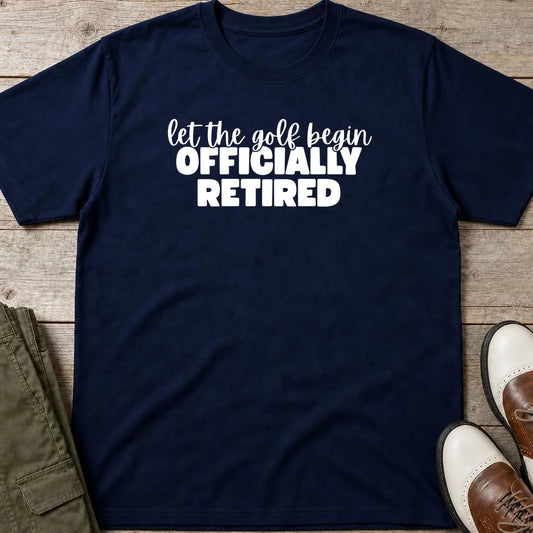 Golf Begin T-Shirt in Navy lying on a plain floor. T-shirt is a unisex cut and 100 per cent cotton.