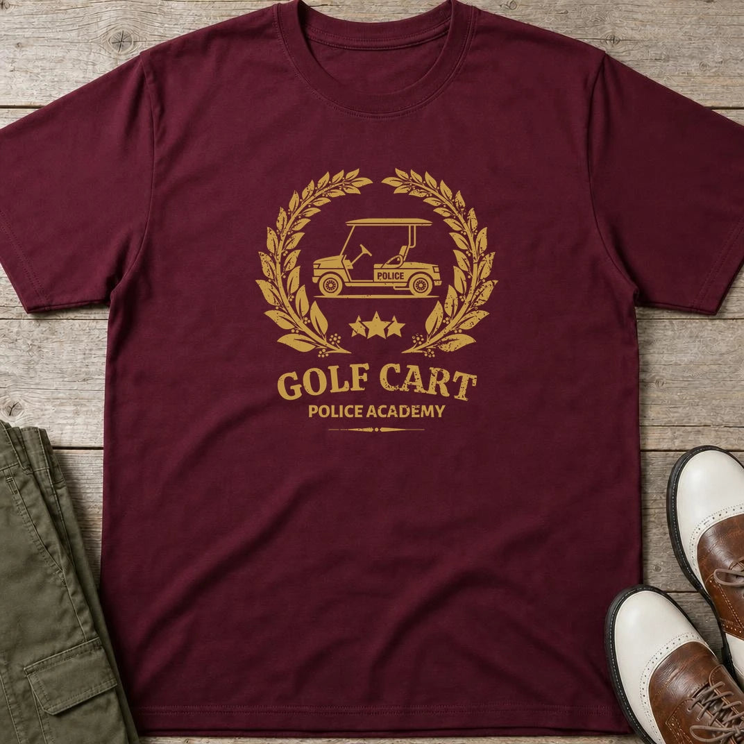 Cart Police T-Shirt in Maroon lying on a plain floor. T-shirt is a unisex cut and 100 per cent cotton.