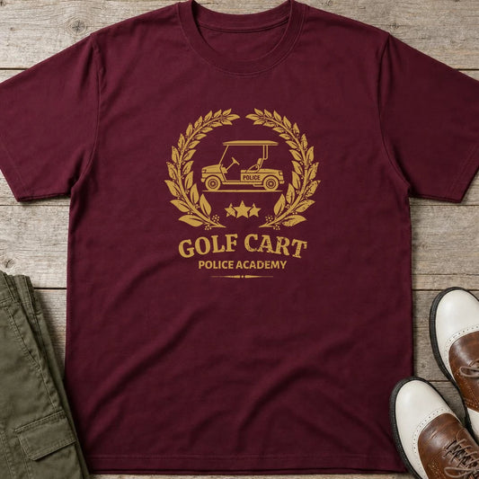 Cart Police T-Shirt in Maroon lying on a plain floor. T-shirt is a unisex cut and 100 per cent cotton.