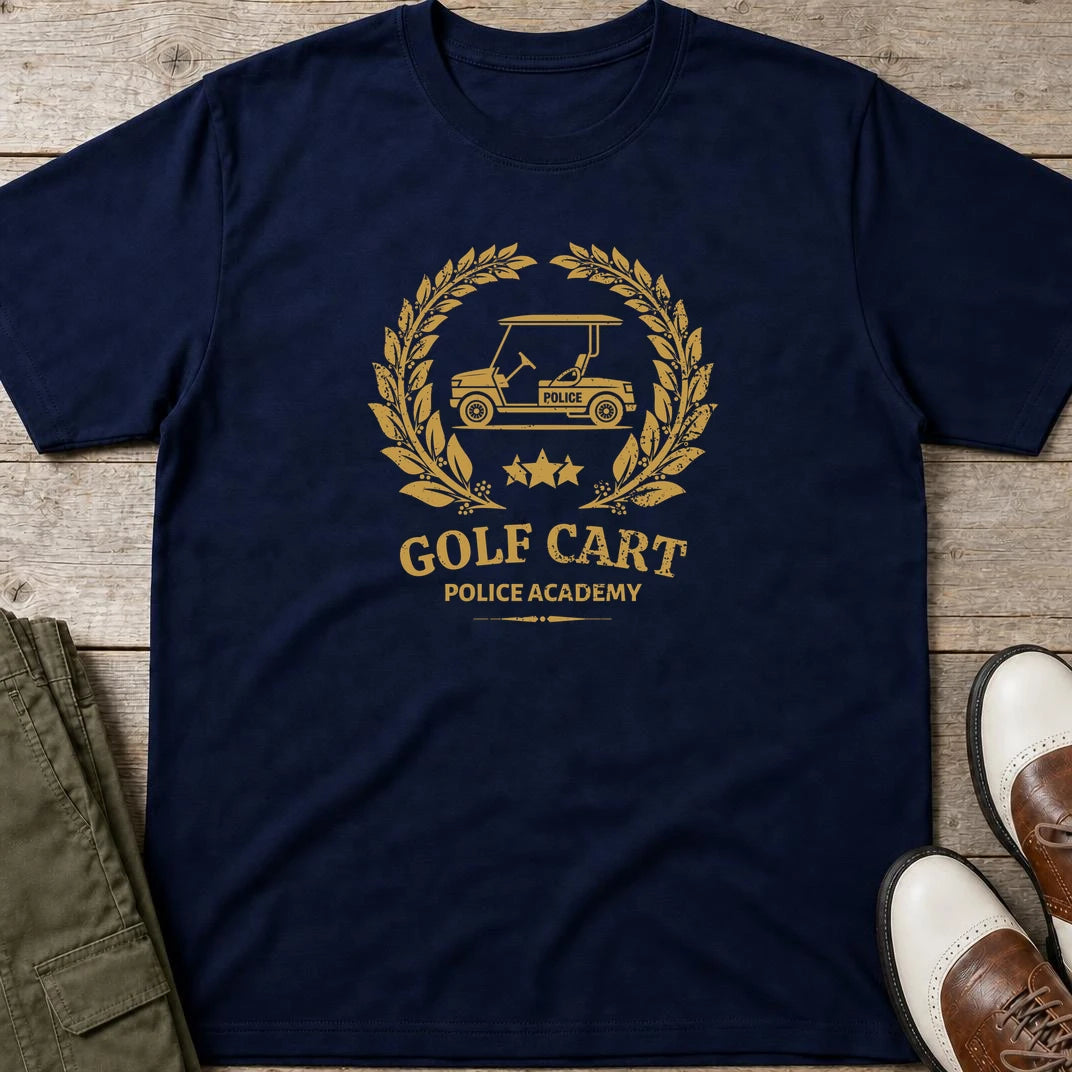 Cart Police T-Shirt in Navy lying on a plain floor. T-shirt is a unisex cut and 100 per cent cotton.