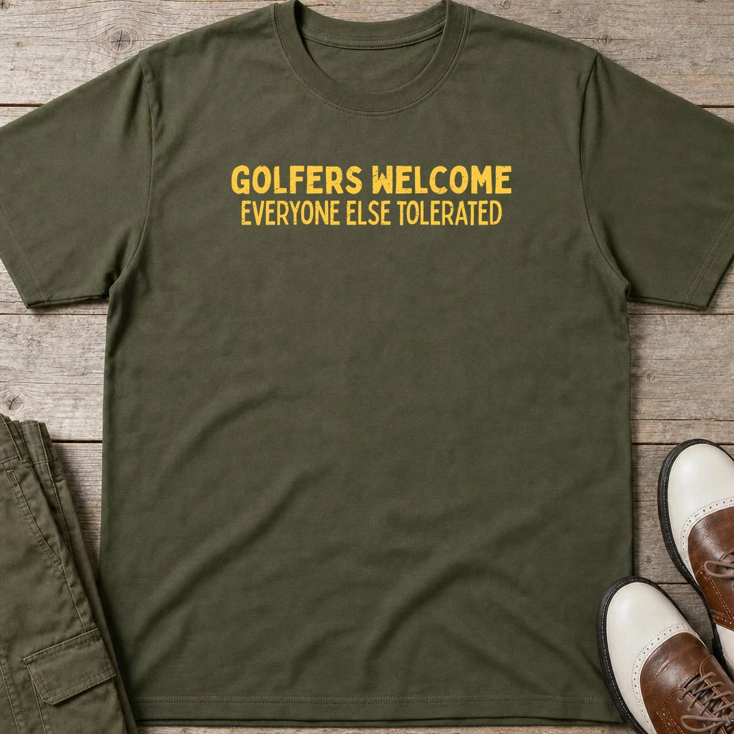 Golfers Welcome T-Shirt in Military Green lying on a plain floor. T-shirt is a unisex cut and 100 per cent cotton.