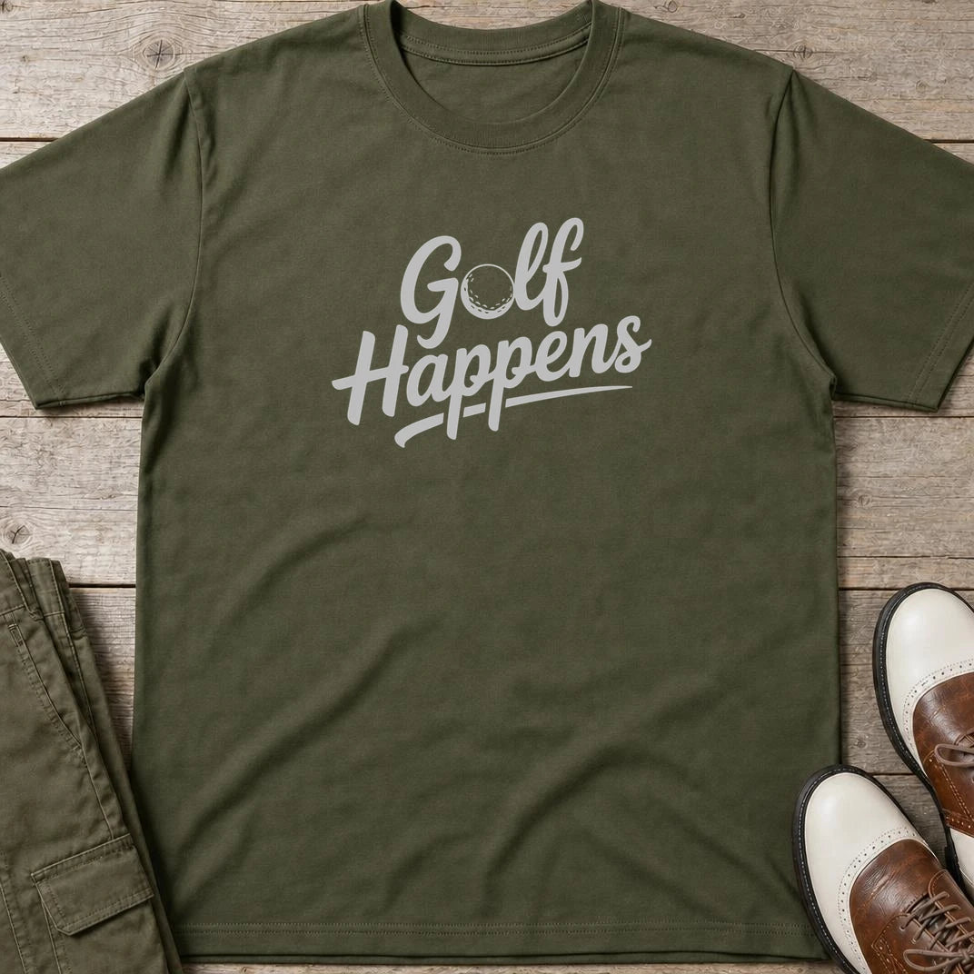 Golf Happens T-Shirt in Military Green lying on a plain floor. T-shirt is a unisex cut and 100 per cent cotton.