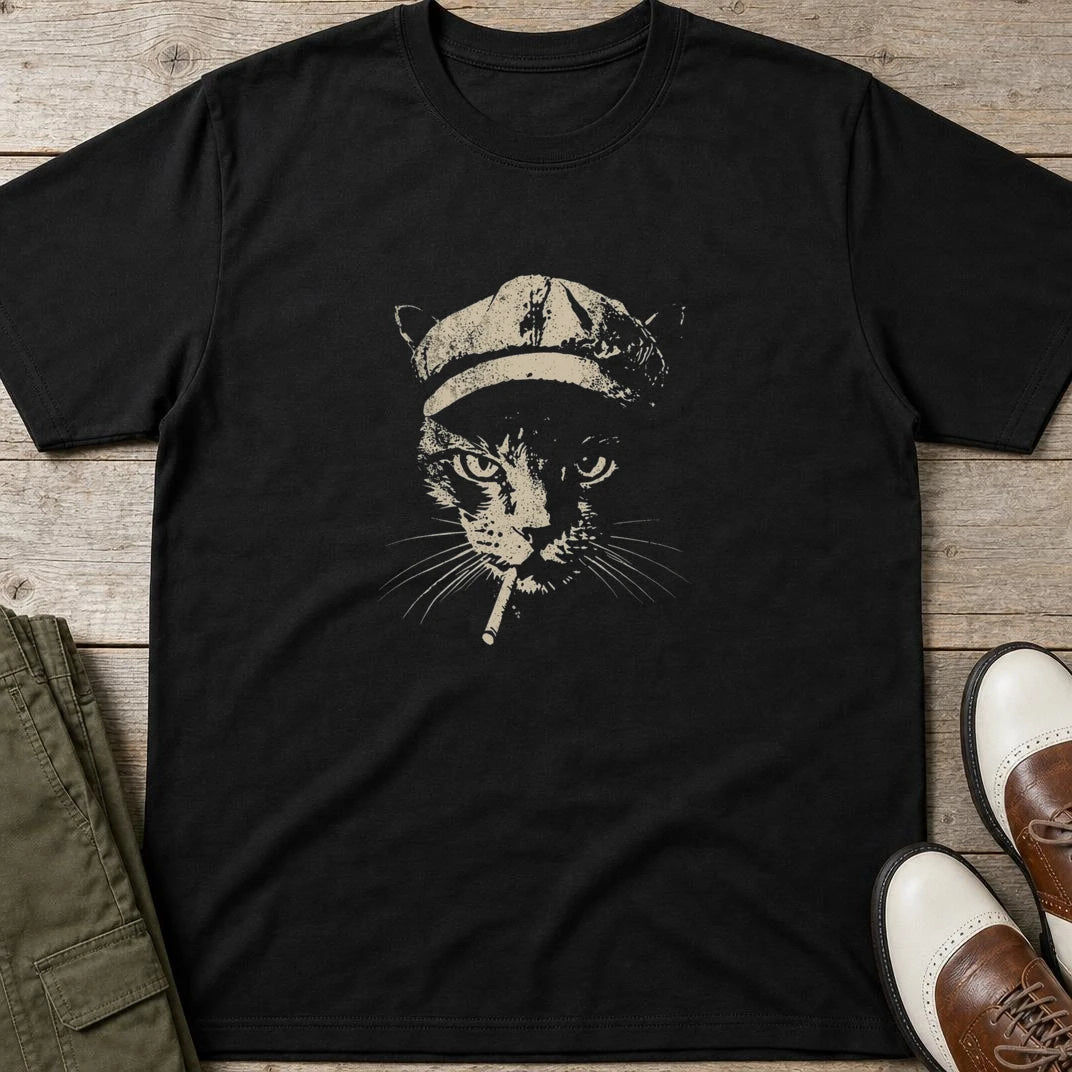 Vintage Cat T-Shirt in Black lying on a plain floor. T-shirt is a unisex cut and 100 per cent cotton.